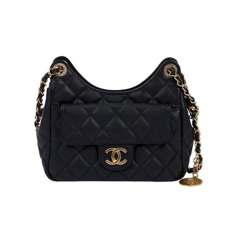 香奈兒 CHANEL 流浪包 Hobo Bag CC LOGO 斜背包 AS3710 晶片款 黑金油蠟皮天貓精靈 小號 原廠盒子/防塵袋/購買證明