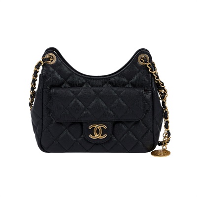 香奈兒 CHANEL 流浪包 Hobo Bag CC LOGO 斜背包 AS3710 晶片款 黑金油蠟皮天貓精靈 小號 原廠盒子/防塵袋/購買證明