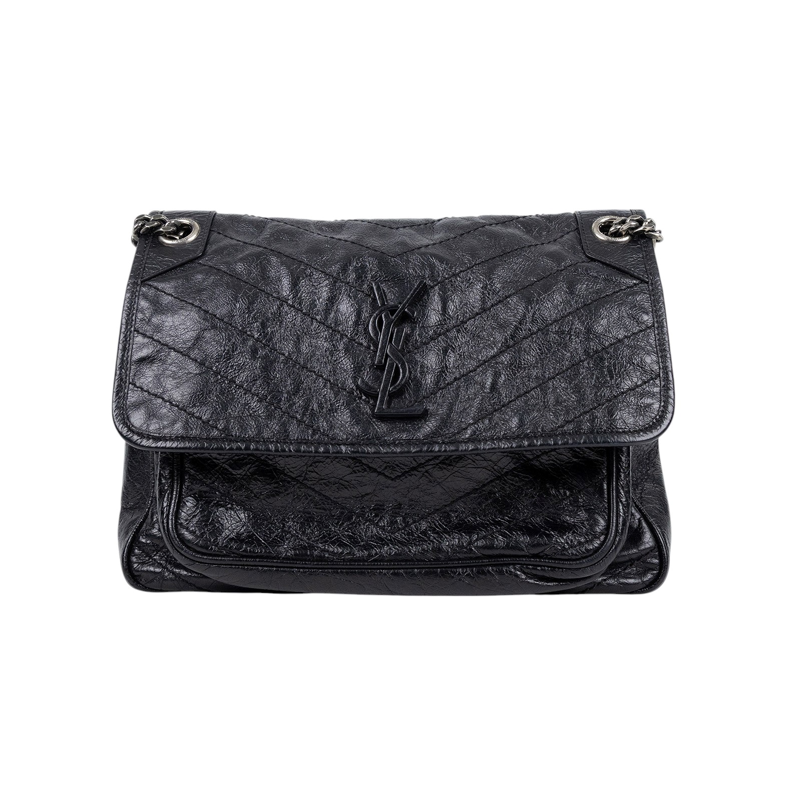 聖羅蘭 YSL SAINT LAURENT NIKI  復古皮革 山型紋 翻蓋 肩背包 中型 4988940EN04 黑NIKI MEDIUM 無附屬品