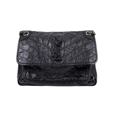 聖羅蘭 YSL SAINT LAURENT NIKI  復古皮革 山型紋 翻蓋 肩背包 中型 4988940EN04 黑NIKI MEDIUM 無附屬品