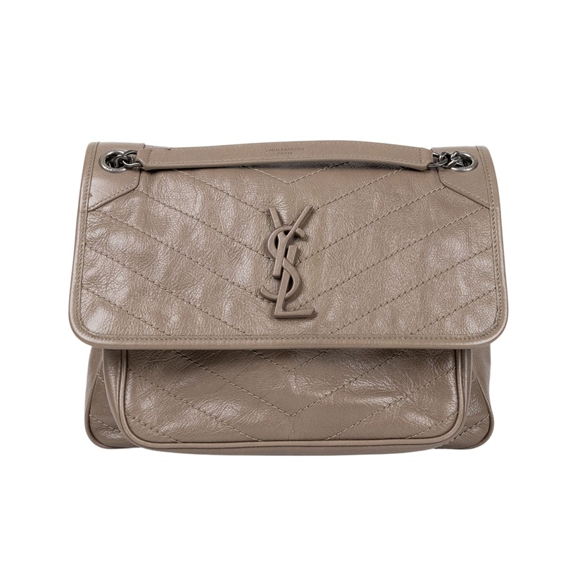 聖羅蘭 YSL SAINT LAURENT Niki 復古皮革 中型手袋 銀色五金 6331580EN04 奶茶色NIKI中號 防塵袋