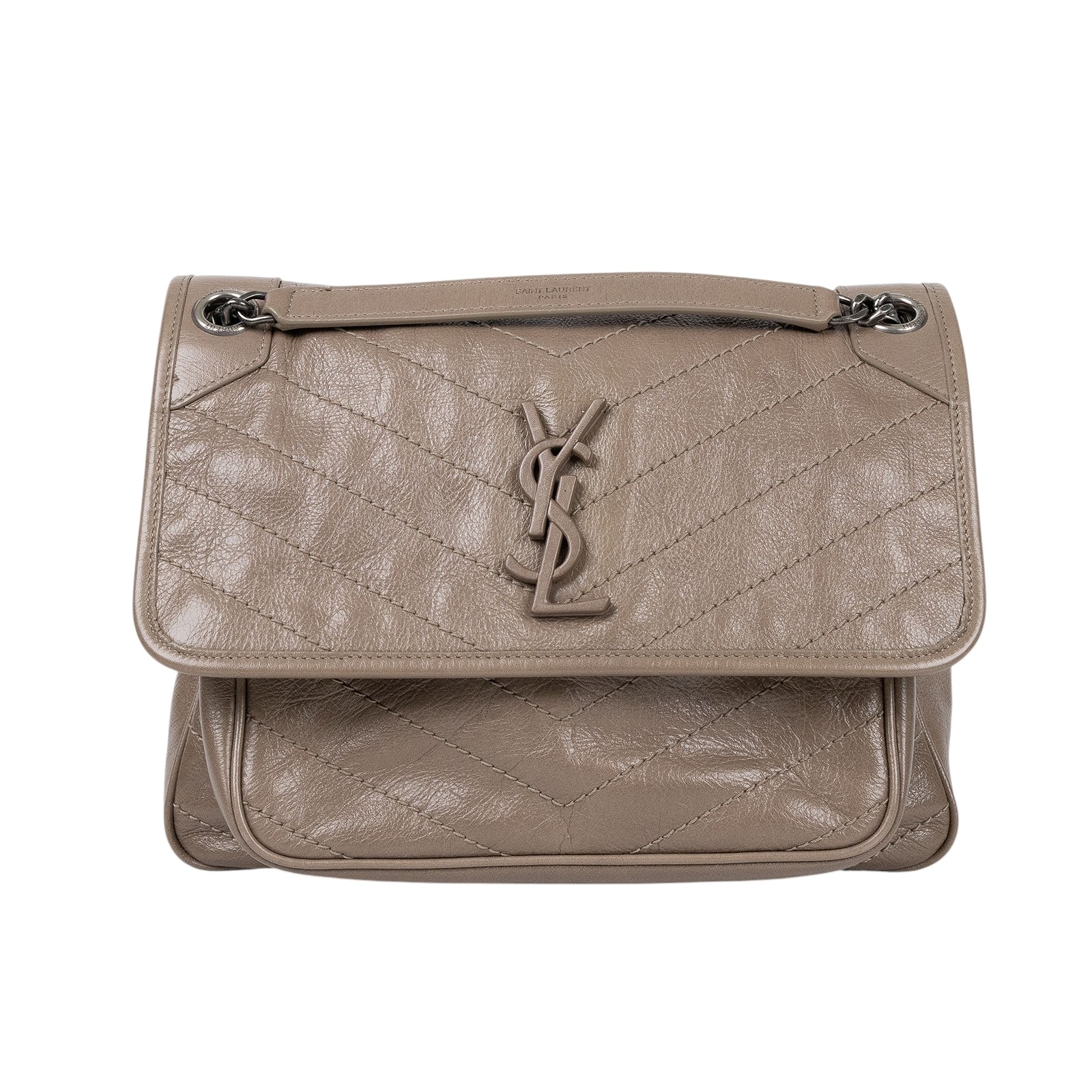 聖羅蘭 YSL SAINT LAURENT Niki 復古皮革 中型手袋 銀色五金 6331580EN04 奶茶色NIKI中號 防塵袋