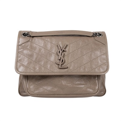 聖羅蘭 YSL SAINT LAURENT Niki 復古皮革 中型手袋 銀色五金 6331580EN04 奶茶色NIKI中號 防塵袋