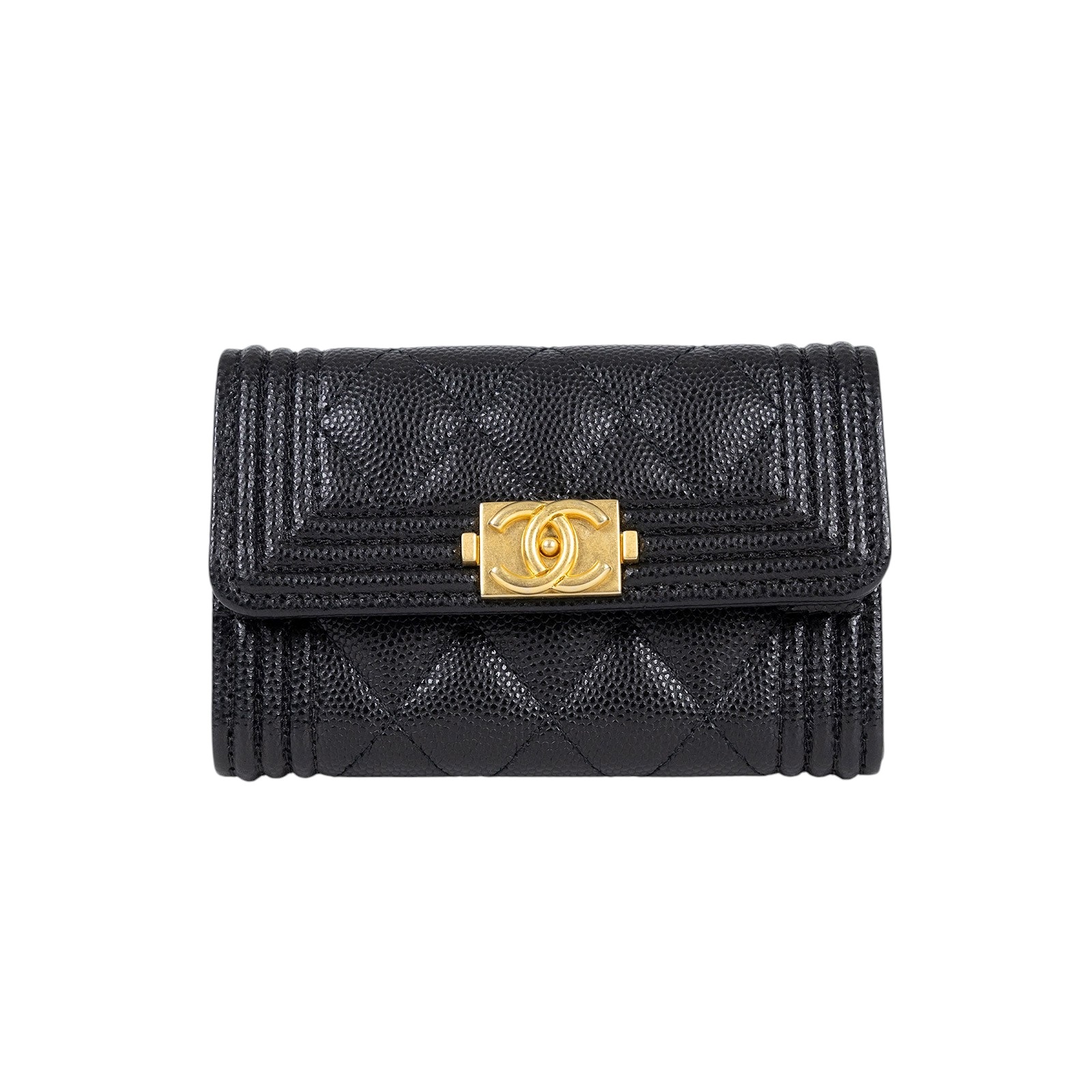 香奈兒 CHANEL BOY 口蓋卡片夾 卡夾 A80603 晶片款 黑金荔枝BOY卡包 原廠盒子/保證卡/購買證明影本