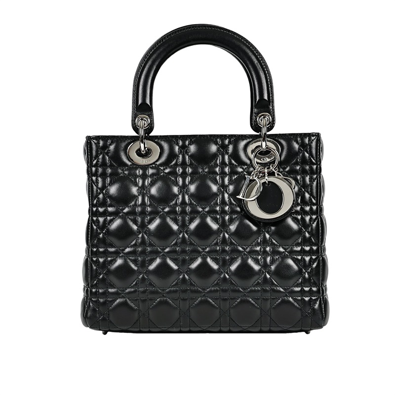 迪奧 CHRISTIAN DIOR Lady Dior 中型 肩背 斜背 手提包  黑銀LADY DIOR 中碼 原廠盒子/防塵袋/保證卡
