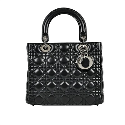 迪奧 CHRISTIAN DIOR Lady Dior 中型 肩背 斜背 手提包  黑銀LADY DIOR 中碼 原廠盒子/防塵袋/保證卡