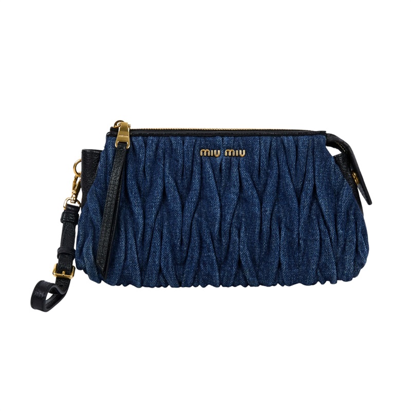 繆繆 MIU MIU Matelasse 牛仔皮革手拿包 5NE001_2ALH 丹寧皺褶手拿包 防塵袋/保證卡