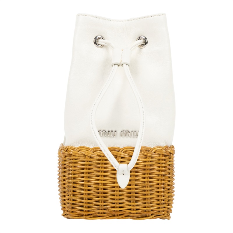 繆繆 MIU MIU 水桶包 斜背包 單肩包 5BH127_2CAH 白色竹編小水桶包 防塵袋/保證卡