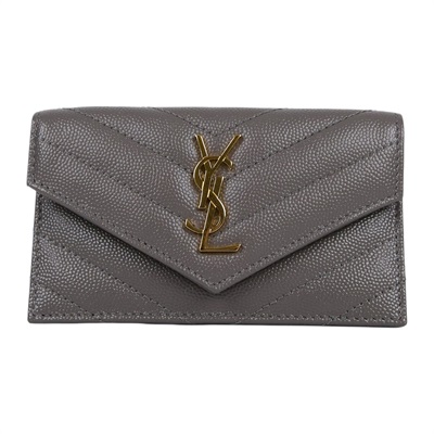 聖羅蘭 YSL SAINT LAURENT 錢包 卡片夾 金色五金 612808BOW01 灰魚子醬卡包 原廠盒子/防塵袋