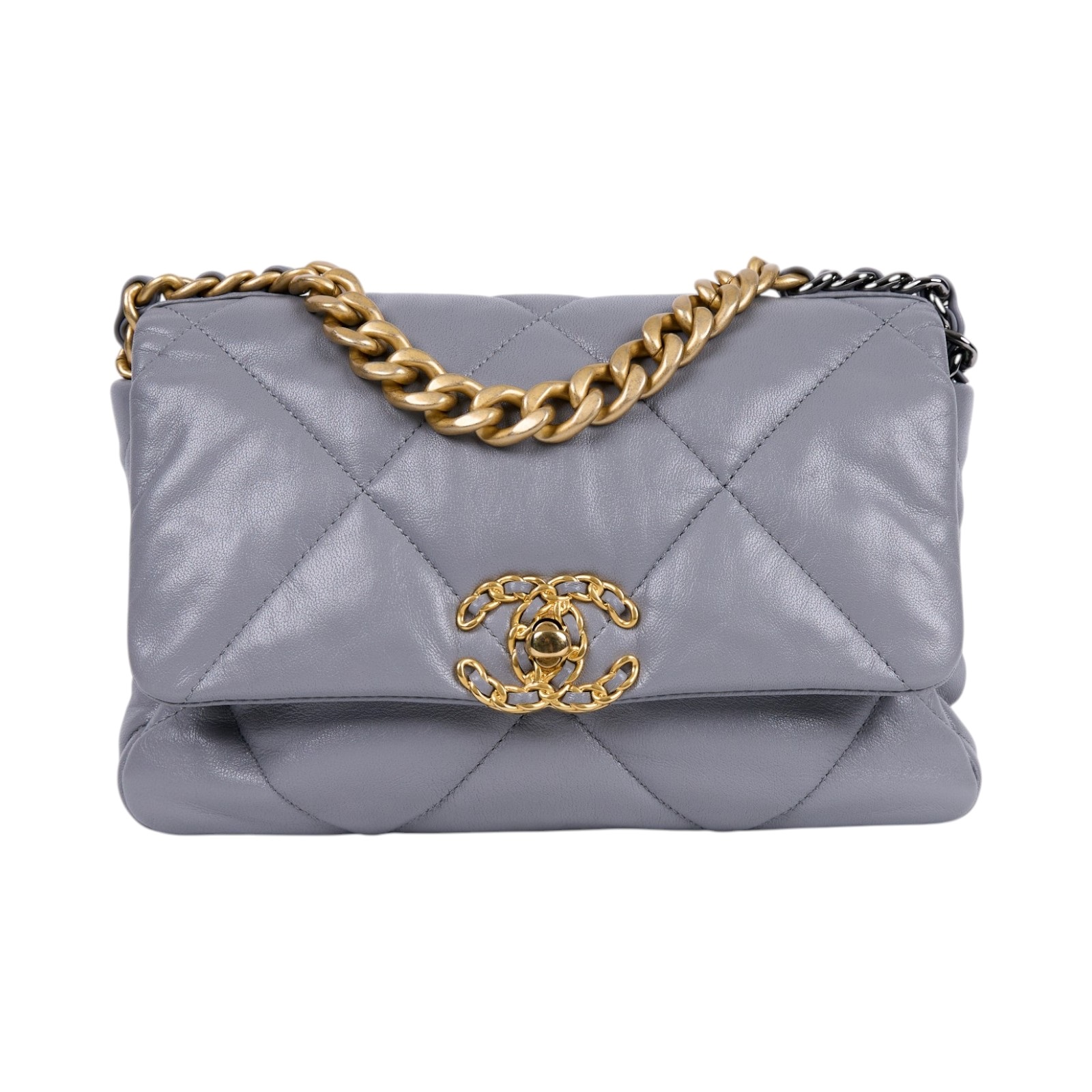 香奈兒 CHANEL 19 口蓋包 菱格紋 金銀鍊帶 手提 肩背包 AS1160 29開 灰19包 26CM 防塵袋/保證卡