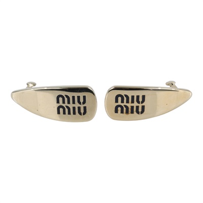 繆繆 MIU MIU 琺瑯 金屬 髮夾 5IF173_2F6T 金色黑LOGO髮夾 原廠盒子/防塵袋/品控卡
