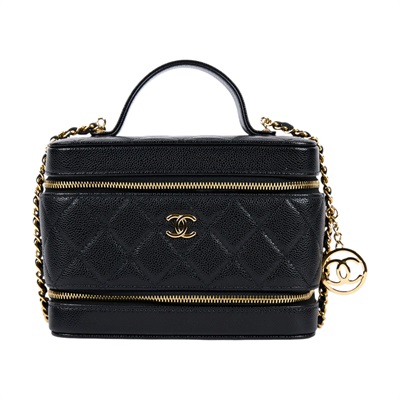 香奈兒 CHANEL Vanity 手提 小型 化妝箱 肩背包 斜背包 AP4688 晶片款 黑金荔枝VANITY CASE 無附屬品
