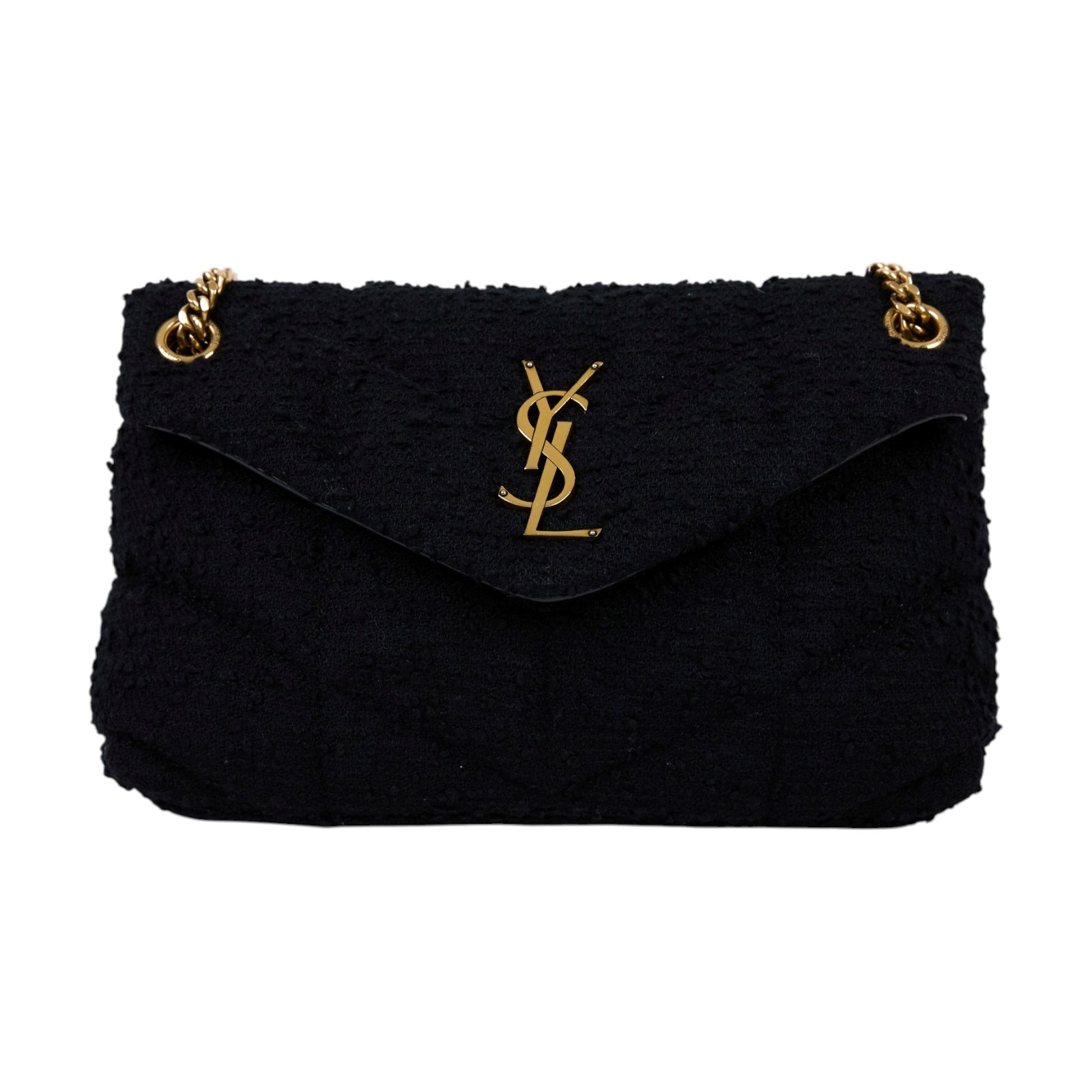 聖羅蘭 YSL SAINT LAURENT Puffer 絎縫納帕皮包 小型 金色五金 577476_TWEED 黑毛呢PUFFER金鍊包 無附屬品