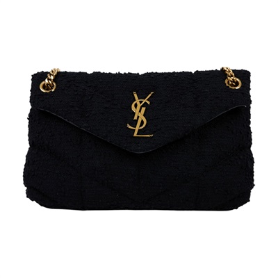 聖羅蘭 YSL SAINT LAURENT Puffer 絎縫納帕皮包 小型 金色五金 577476_TWEED 黑毛呢PUFFER金鍊包 無附屬品