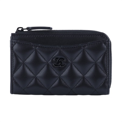 香奈兒 CHANEL CC logo 菱格紋 拉鍊 卡夾 零錢包 AP3179 晶片款 SO BLACK  L拉鍊零錢包 原廠盒子/防塵袋
