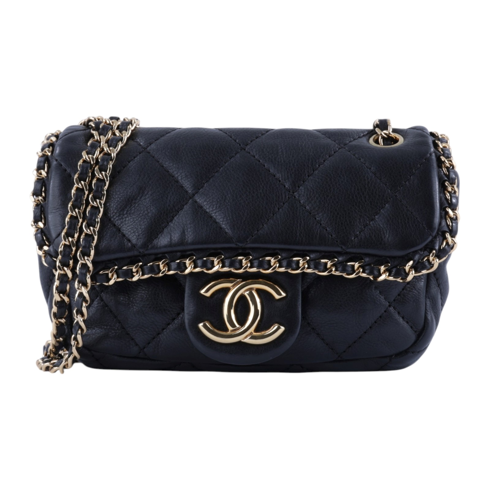 香奈兒 CHANEL mini CF 口蓋包 斜挎 肩背包  14開 黑金羊皮穿鍊飾邊迷你口蓋包 原廠盒子/防塵袋