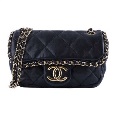 香奈兒 CHANEL mini CF 口蓋包 斜挎 肩背包  14開 黑金羊皮穿鍊飾邊迷你口蓋包 原廠盒子/防塵袋