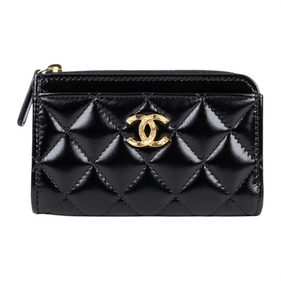 香奈兒 CHANEL CC L字拉鍊 卡片夾 AP4265 晶片款 黑金羊L型拉鍊零錢卡包 原廠盒子/防塵袋