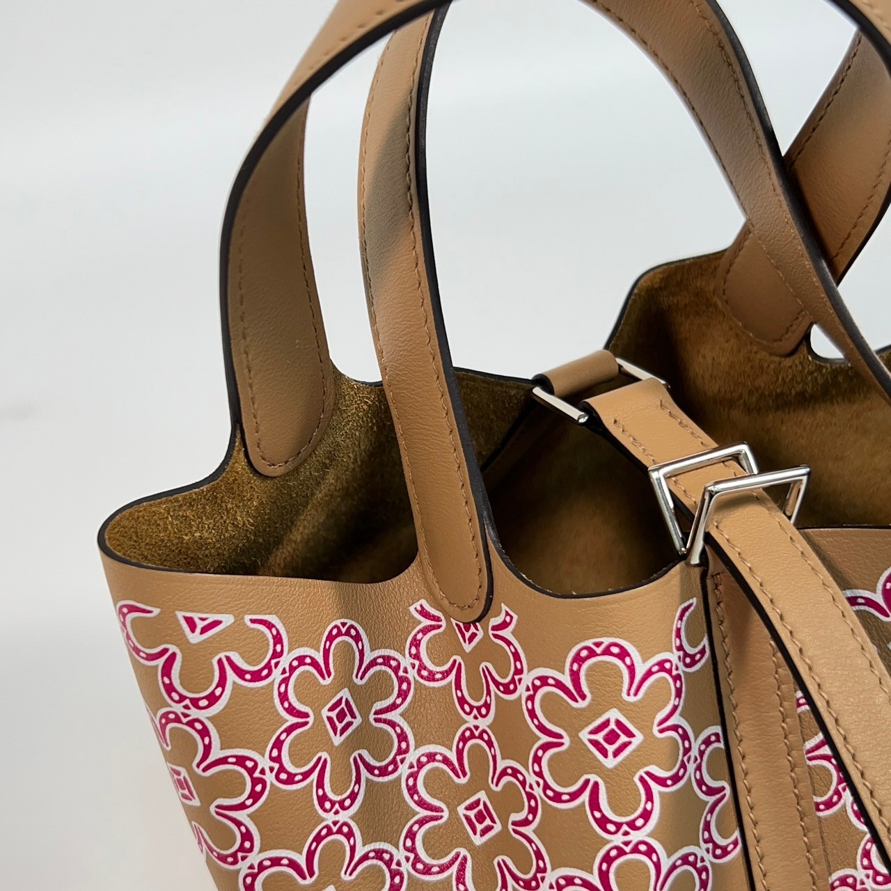 愛馬仕 Hermes Picotin Lock 14 Micro 菜籃子包 U刻 棕紅小花PICOTIN14 MICRO 防塵袋/鎖組