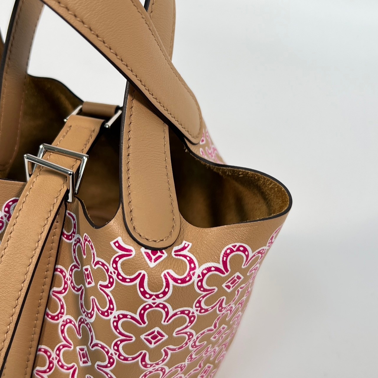 愛馬仕 Hermes Picotin Lock 14 Micro 菜籃子包 U刻 棕紅小花PICOTIN14 MICRO 防塵袋/鎖組