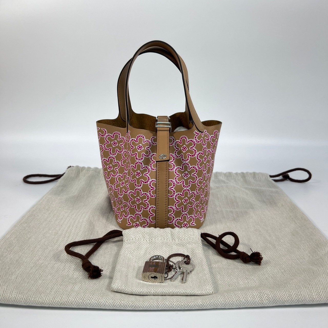 愛馬仕 Hermes Picotin Lock 14 Micro 菜籃子包 U刻 棕紅小花PICOTIN14 MICRO 防塵袋/鎖組