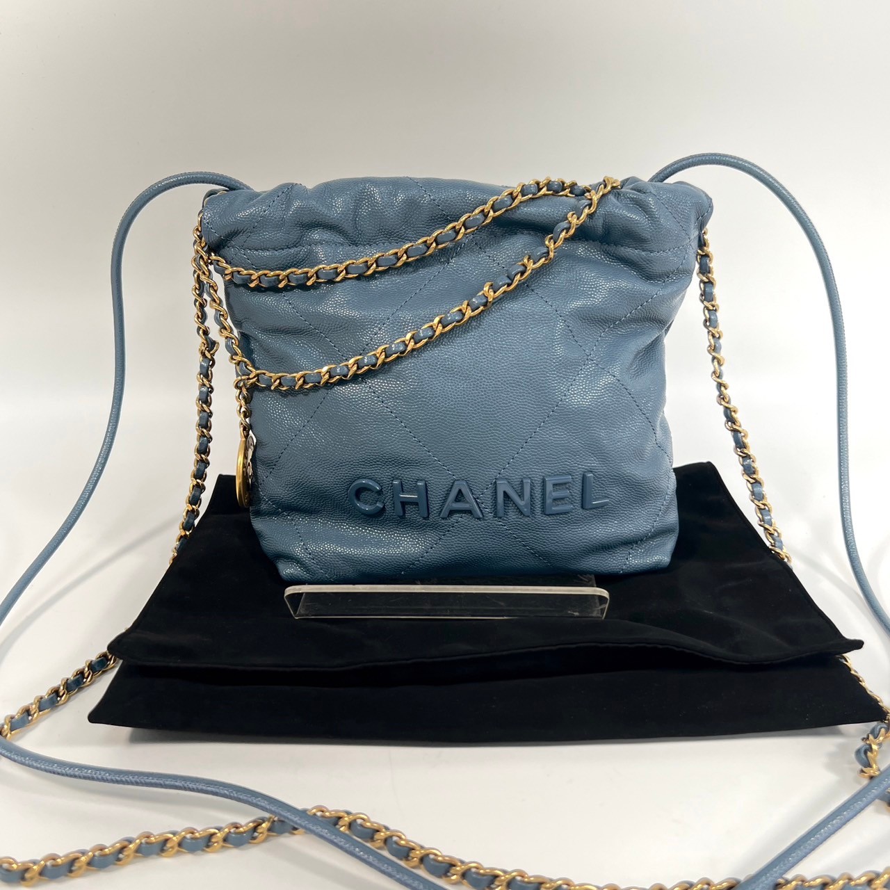 香奈兒 CHANEL 22 Mini 迷你 肩背 斜背包  晶片款 藍MINI22包 防塵袋