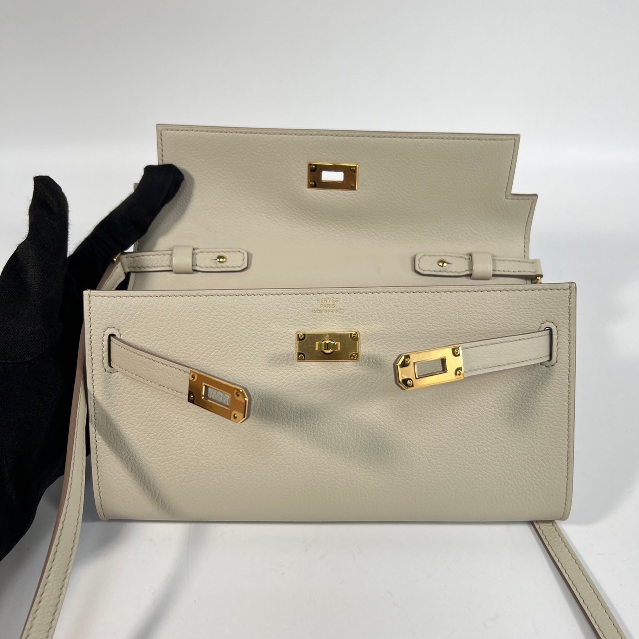 愛馬仕 Hermes Kelly to go 長夾肩背包 KLG W刻 灰白KELLY TO GO 原廠盒子/防塵袋