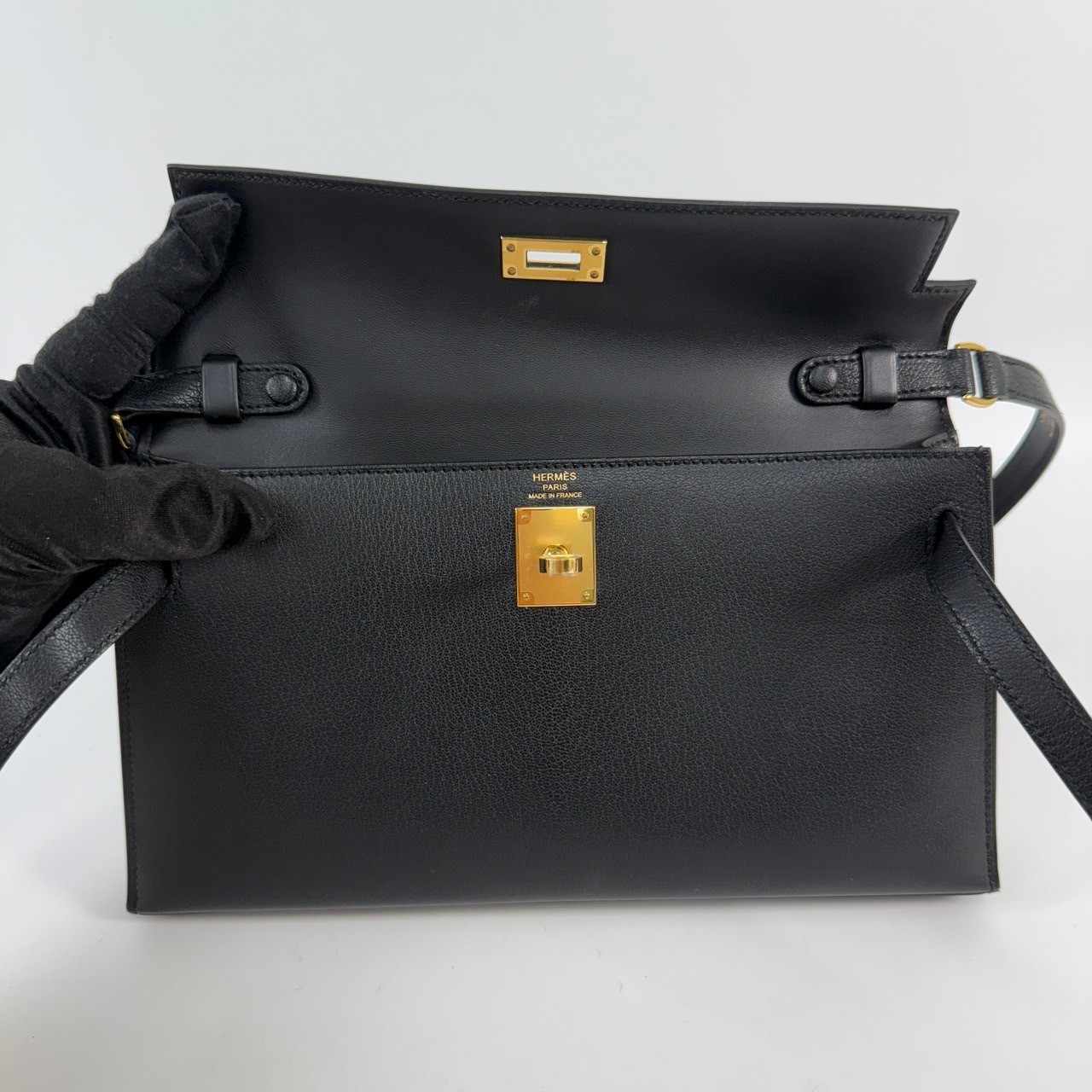愛馬仕 Hermes Kelly Elan 凱莉包 腋下包 KLELAN B刻 黑金KELLY ELAN 原廠盒子/防塵袋