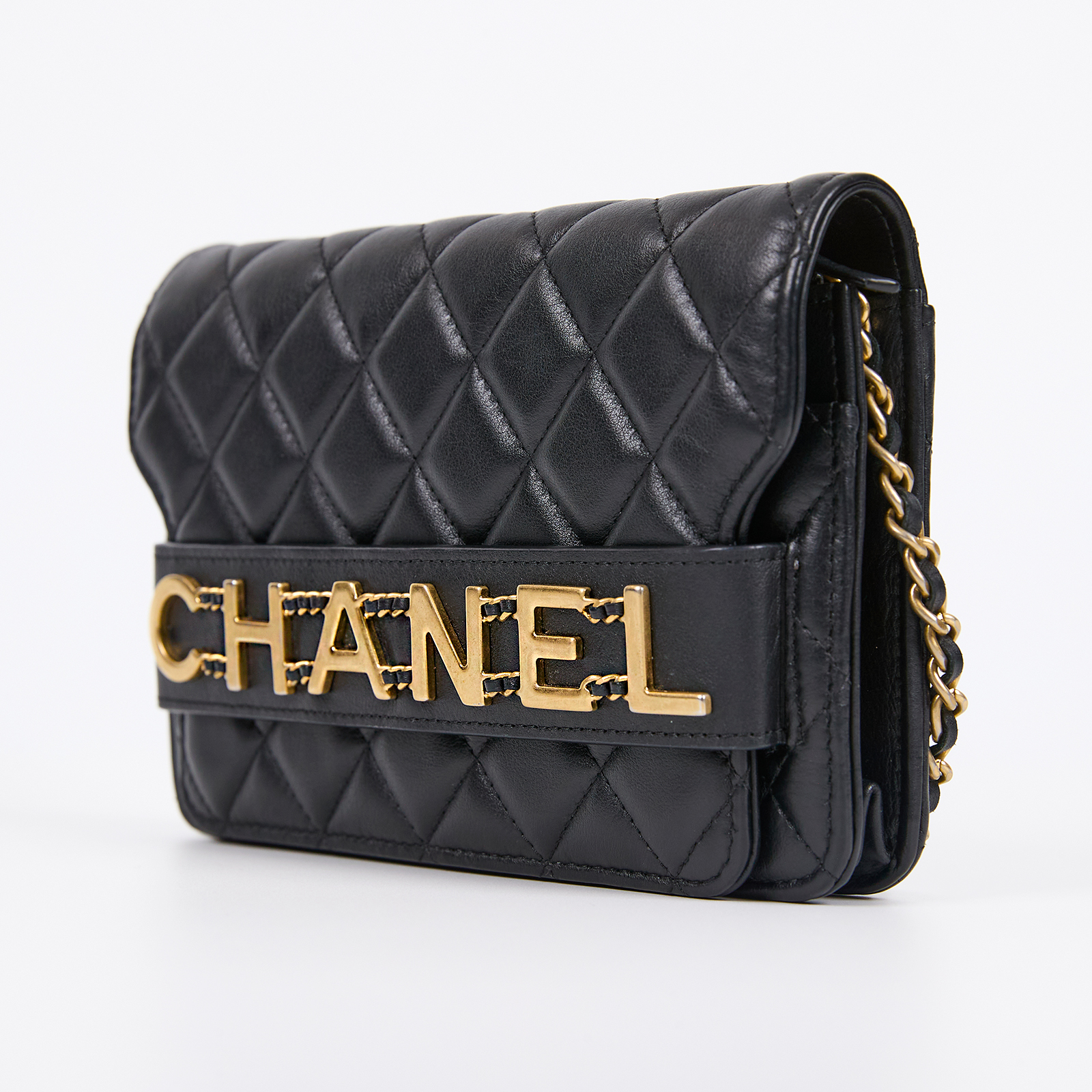 香奈兒 CHANEL 菱格紋 大LOGO 肩背包  黑CHANEL LOGO WOC 原廠盒子/防塵袋/保證卡