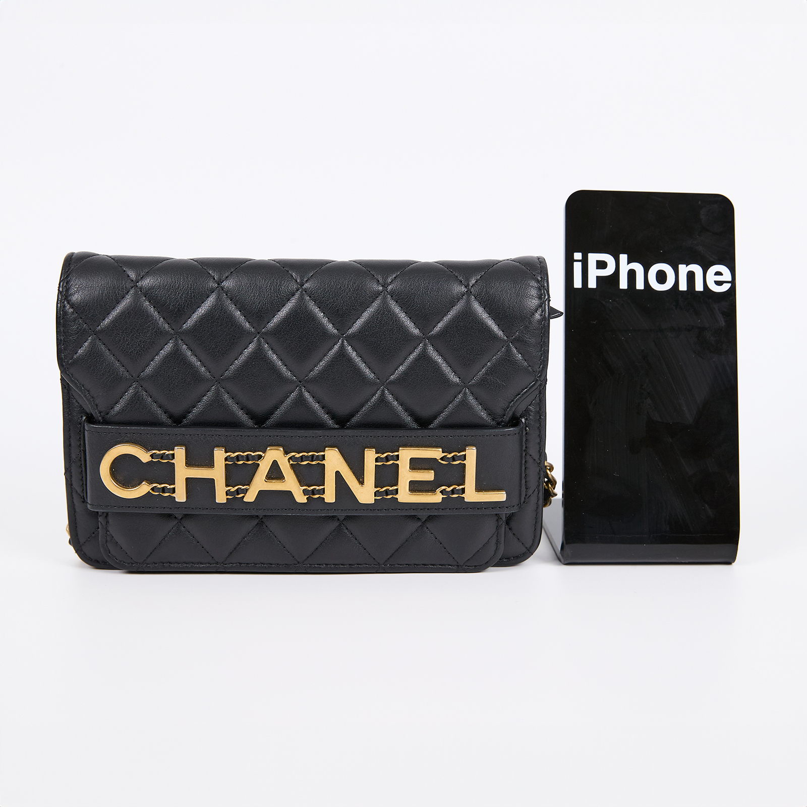 香奈兒 CHANEL 菱格紋 大LOGO 肩背包  黑CHANEL LOGO WOC 原廠盒子/防塵袋/保證卡