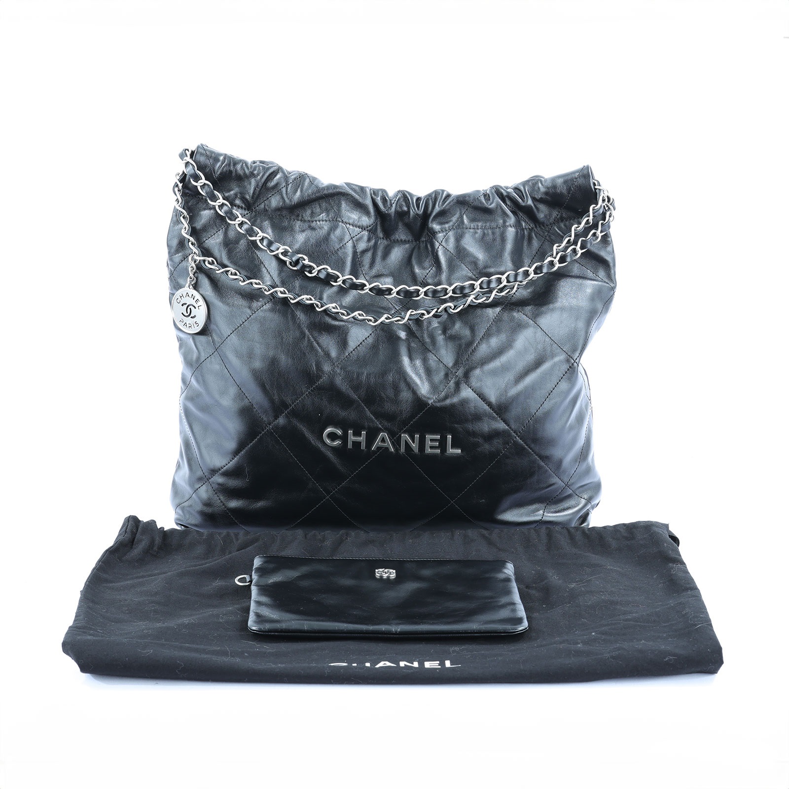 香奈兒 CHANEL 22 中型 束口包 AS3261 黑銀 22 包 中號 防塵袋