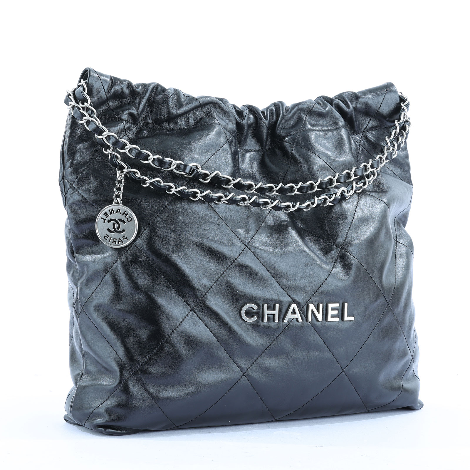香奈兒 CHANEL 22 中型 束口包 AS3261 黑銀 22 包 中號 防塵袋