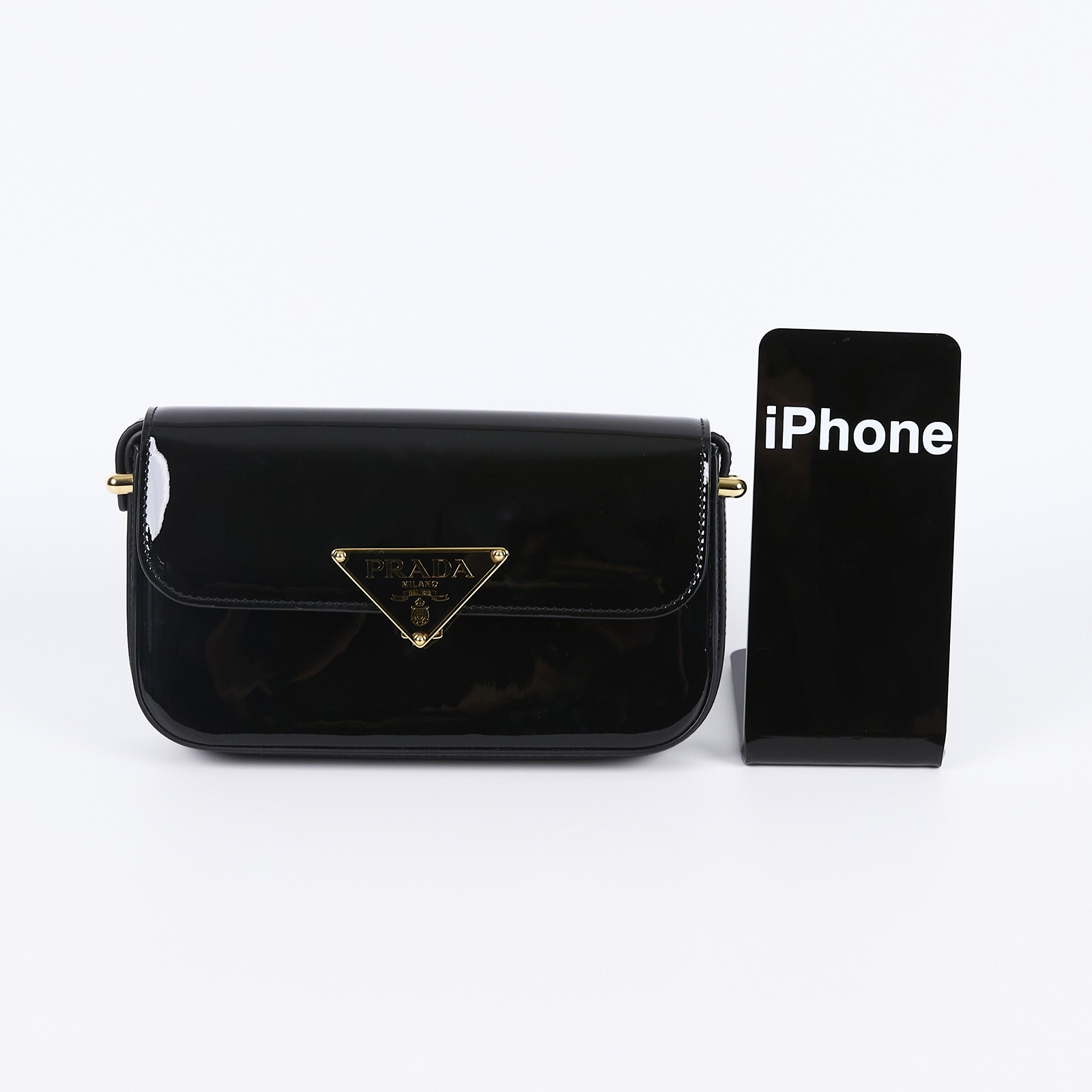 普拉達 PRADA 小牛皮 肩背包 1BD339_ASK 黑漆皮LOGO斜背包 防塵袋