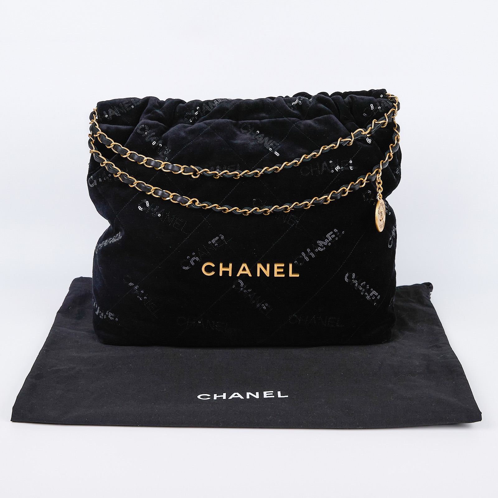香奈兒 CHANEL 22 中型 束口包 AS3261 晶片款 黑絲絨亮片22包  中號 防塵袋