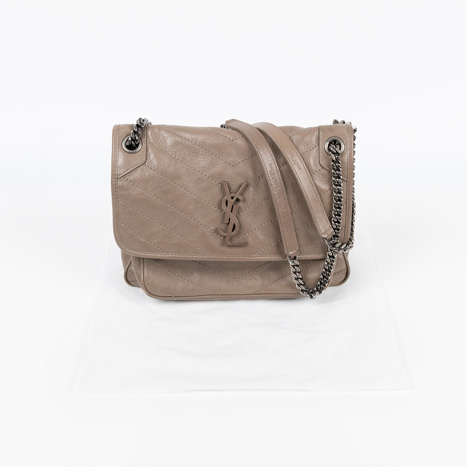 聖羅蘭 YSL SAINT LAURENT Niki 復古皮革 中型手袋 銀色五金 6331580EN04 灰NIKI中號 無附屬品