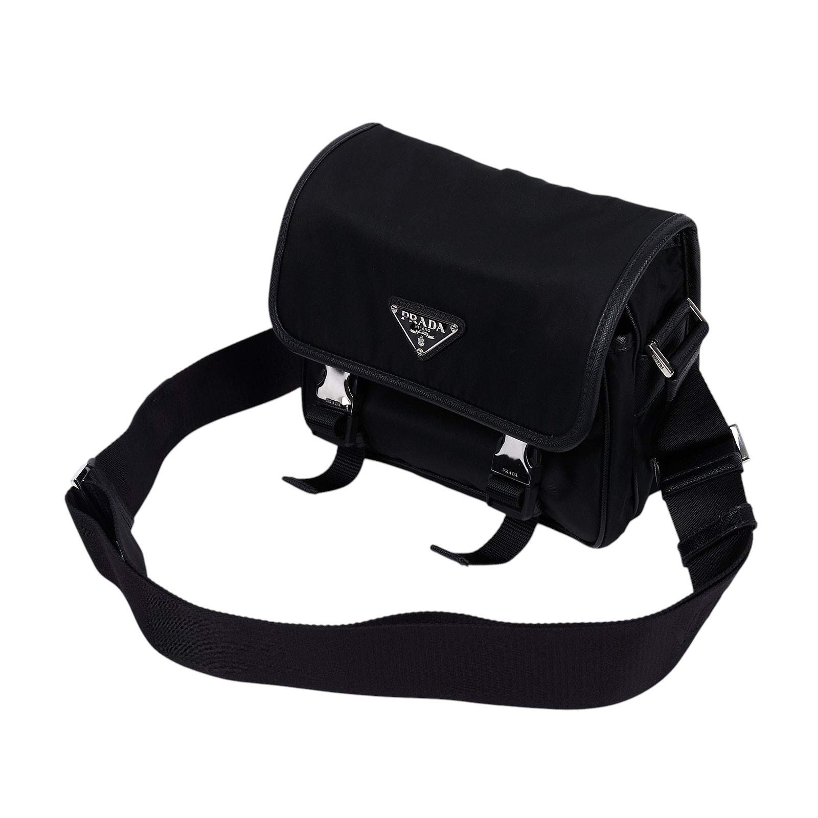 普拉達 PRADA Re-Nylon Saffiano 皮革肩背袋 2VD034_2DMH 黑尼龍掀蓋郵差包 無附屬品