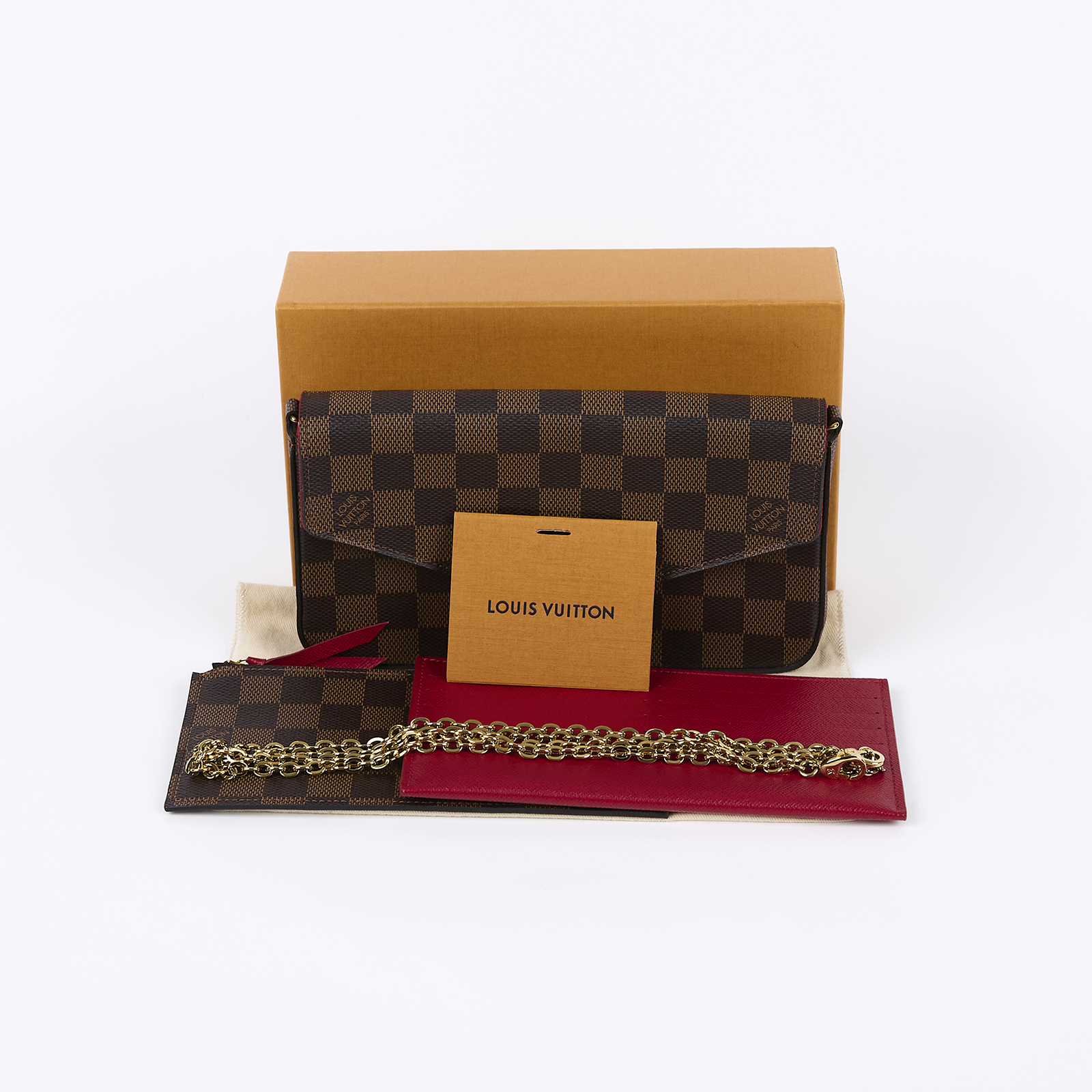 路易威登 LOUIS VUITTON Pochette Félicie 鏈帶扣式斜背 手拿 長夾 Ebène帆布 櫻桃紅 N63032  原廠盒子/防塵袋