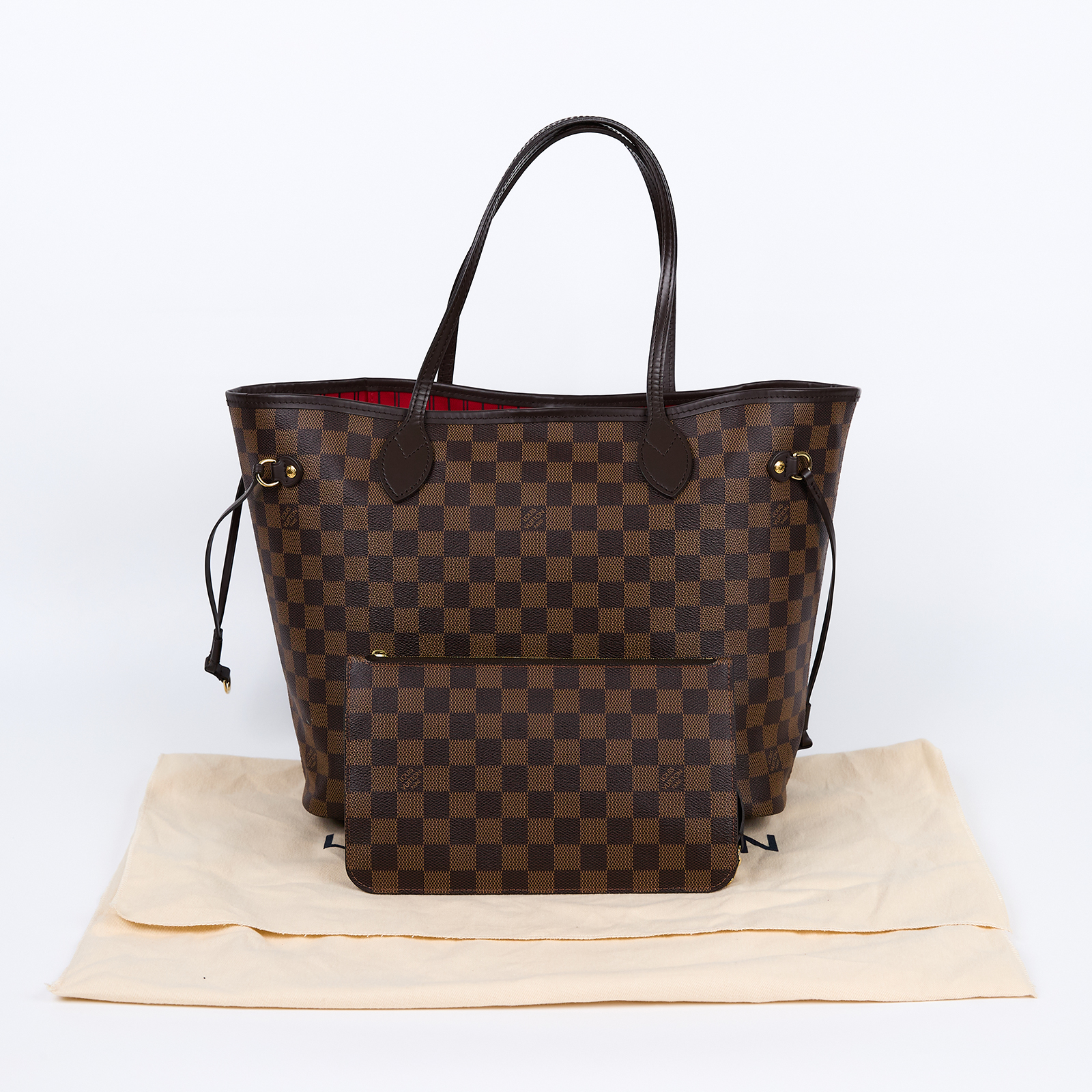 路易威登 LOUIS VUITTON Neverfull MM  棕棋盤格 肩背 購物袋 櫻桃紅內襯 N40599  防塵袋/內袋