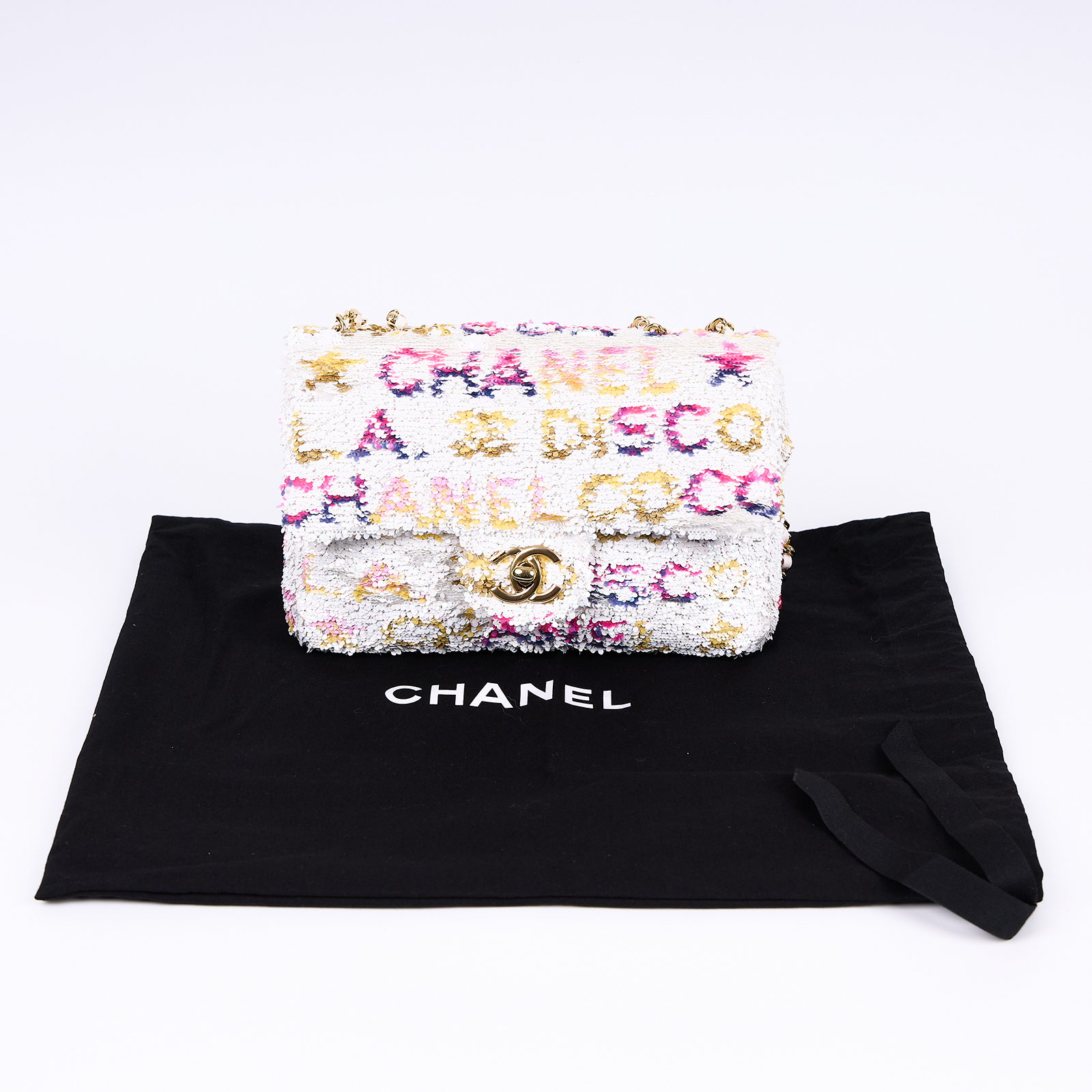 香奈兒 CHANEL CF 迷你 口蓋包  晶片款 白彩亮片COCO20 防塵袋