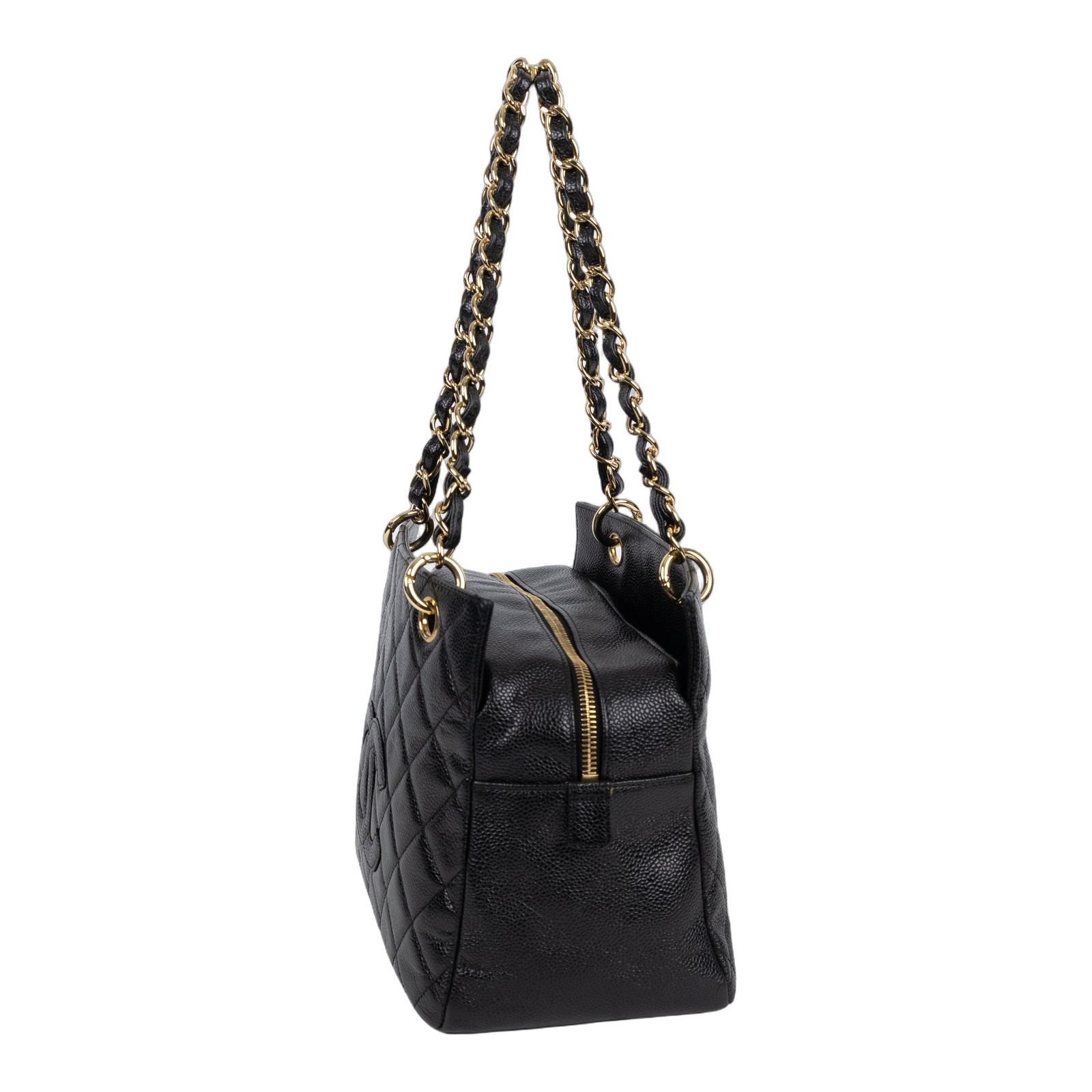 香奈兒 CHANEL PST Petite Shopping Tote CC Logo 菱格 荔枝紋 肩背 托特包  7開黑荔枝托特鍊包 保證卡