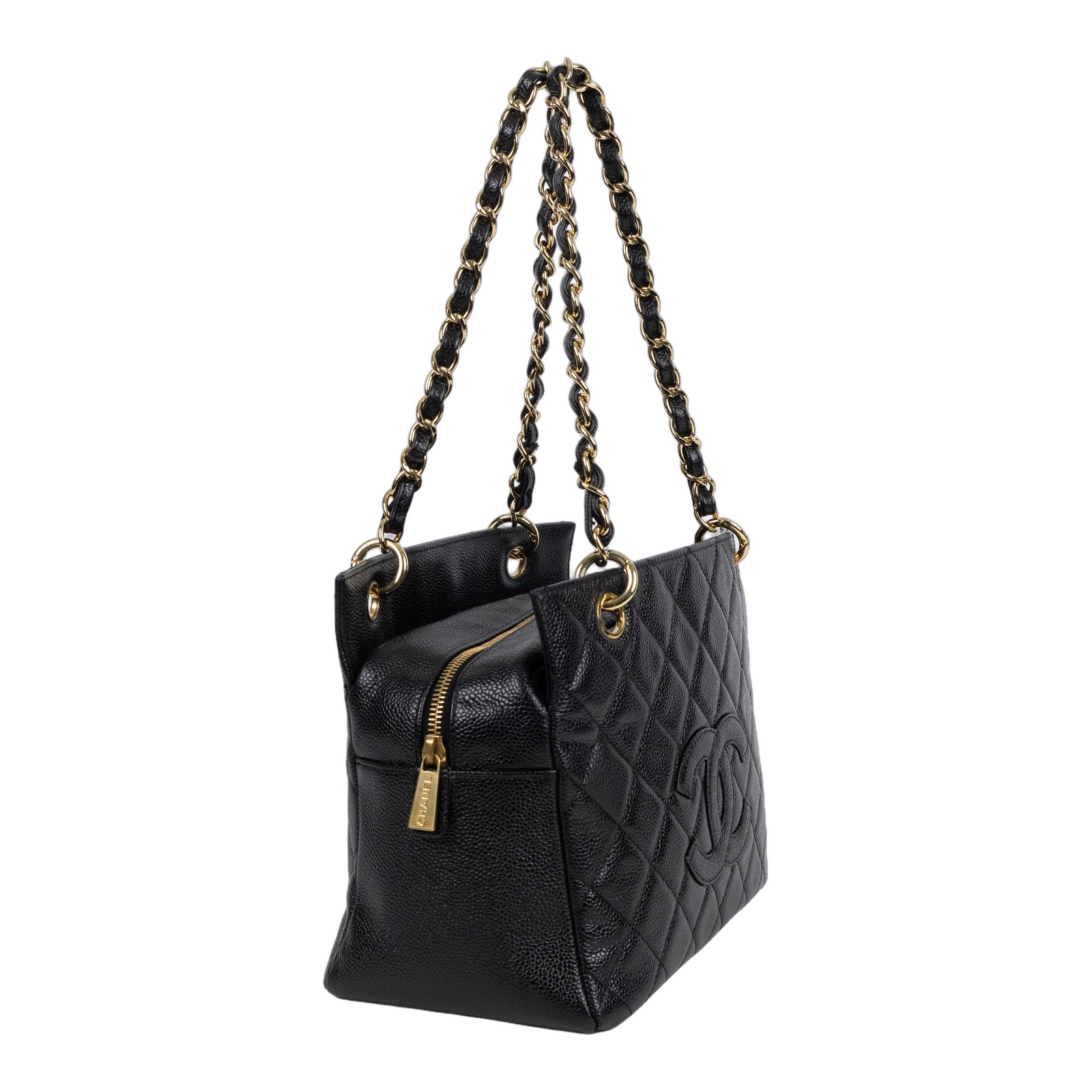 香奈兒 CHANEL PST Petite Shopping Tote CC Logo 菱格 荔枝紋 肩背 托特包  7開黑荔枝托特鍊包 保證卡