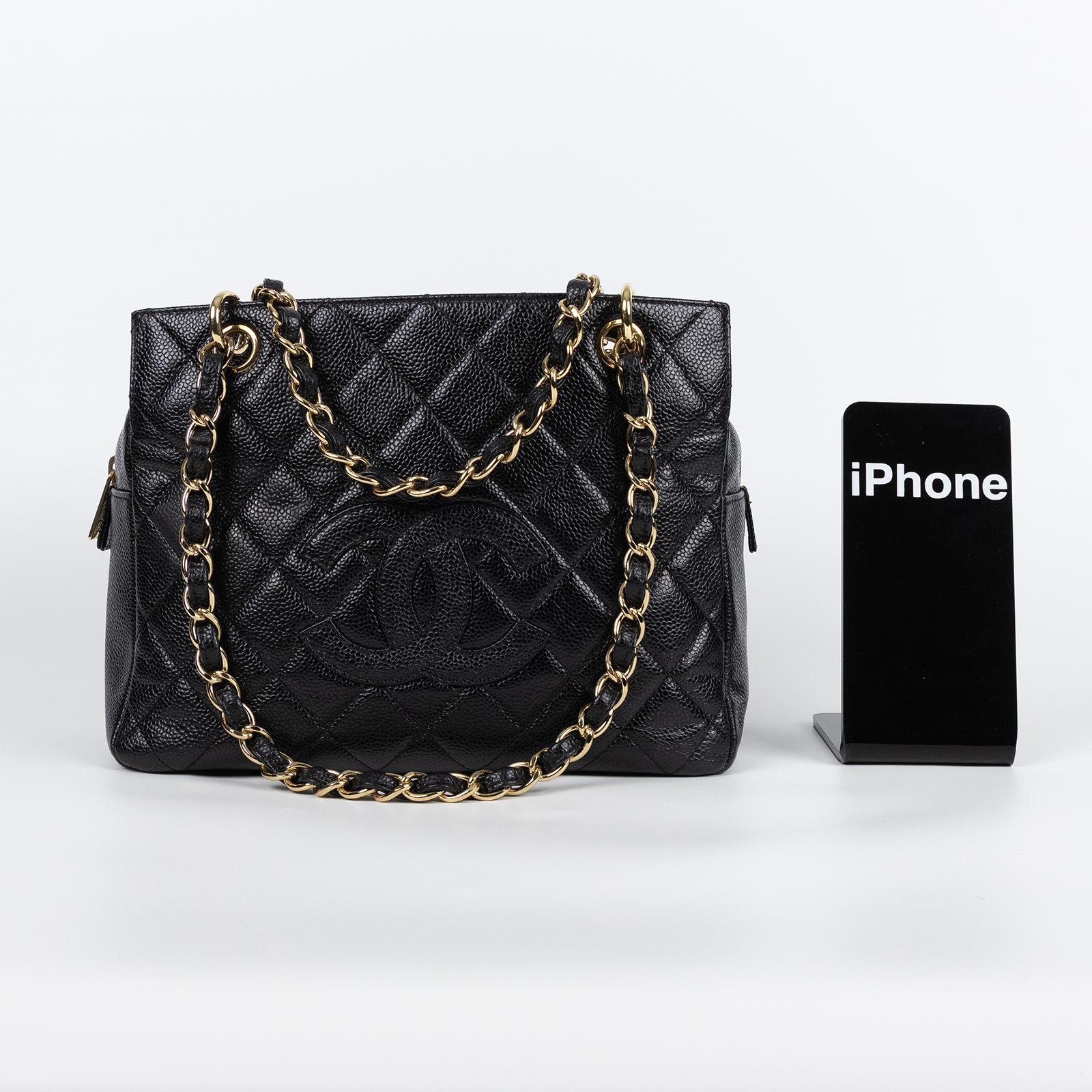 香奈兒 CHANEL PST Petite Shopping Tote CC Logo 菱格 荔枝紋 肩背 托特包  7開黑荔枝托特鍊包 保證卡