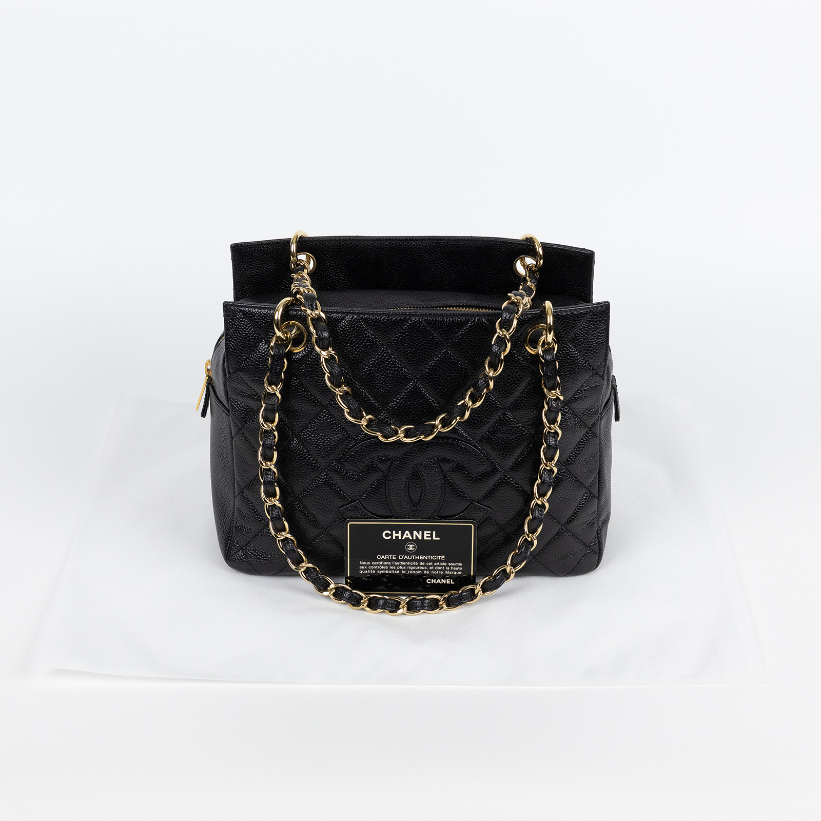 香奈兒 CHANEL PST Petite Shopping Tote CC Logo 菱格 荔枝紋 肩背 托特包  7開黑荔枝托特鍊包 保證卡