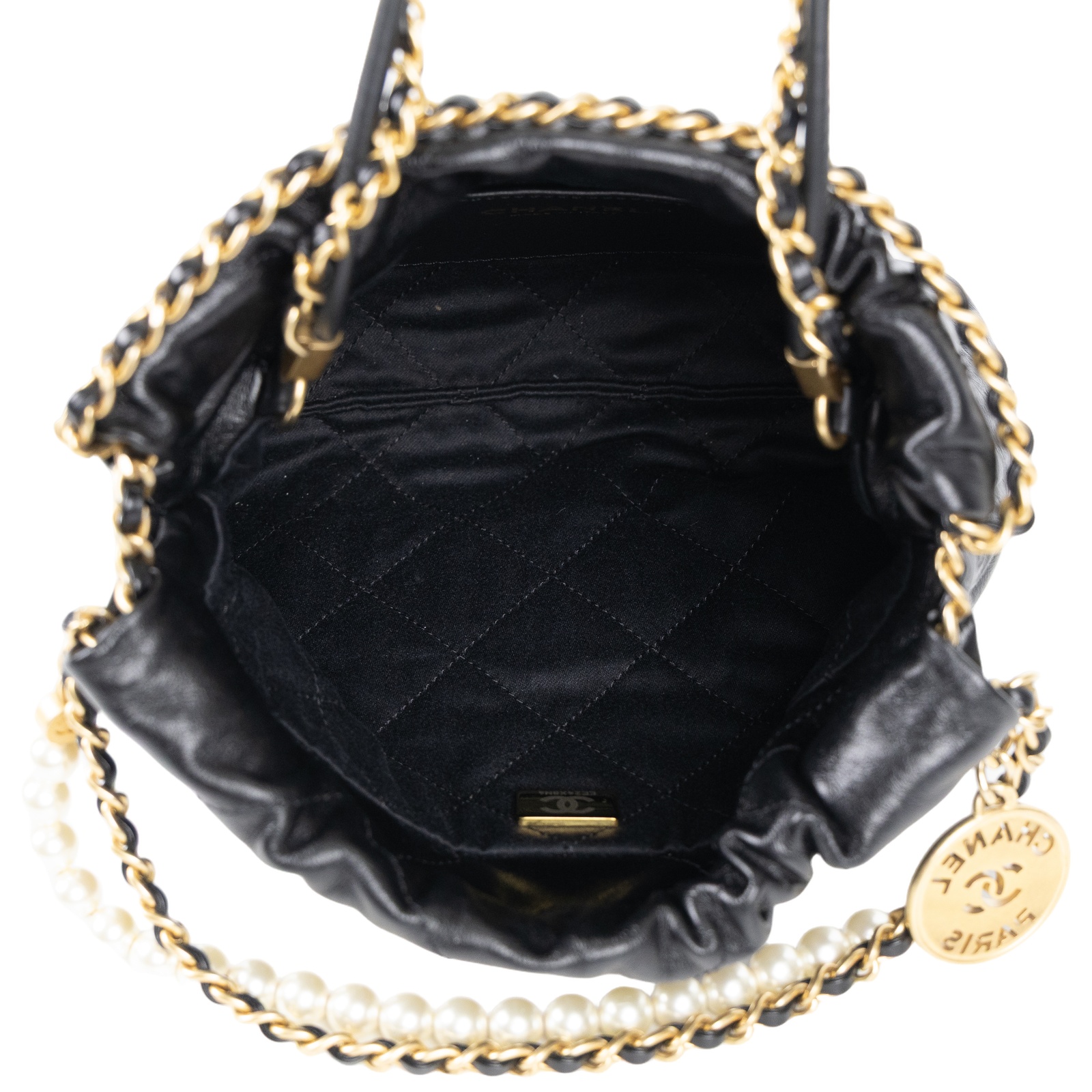 香奈兒 CHANEL 22 迷你 束口包 AS3980 晶片款 黑金珍珠鍊 22 MINI 防塵袋