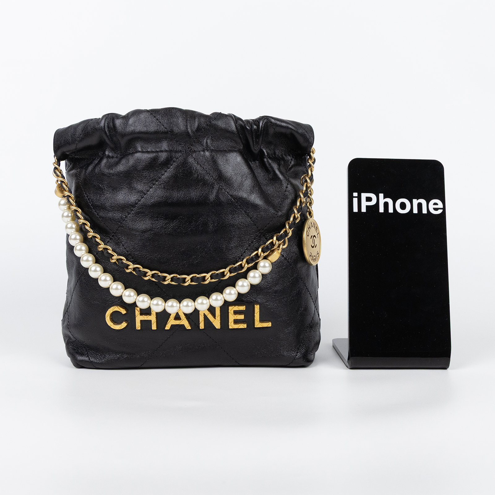 香奈兒 CHANEL 22 迷你 束口包 AS3980 晶片款 黑金珍珠鍊 22 MINI 防塵袋