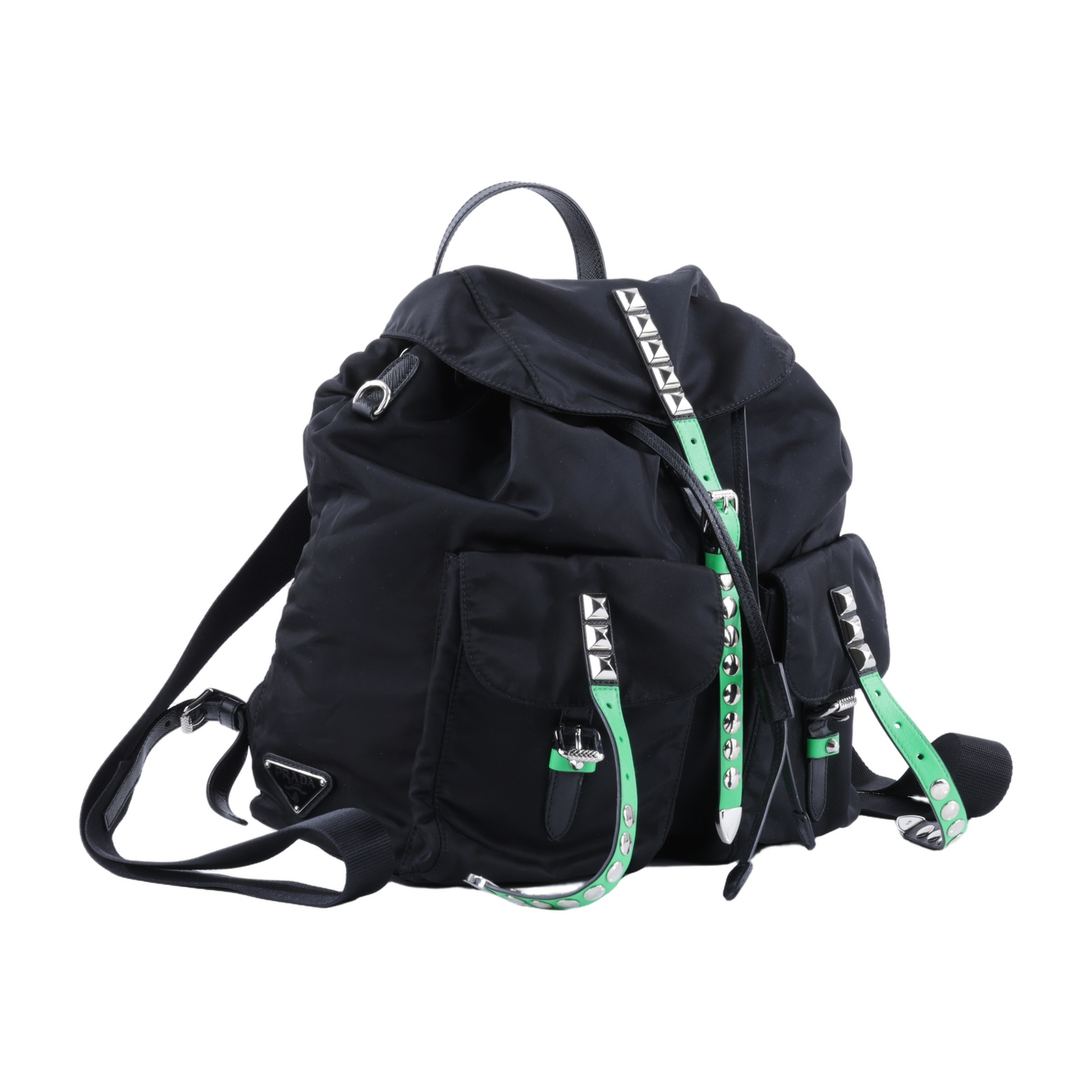普拉達 PRADA New Vela 後背包 1BZ811_2BYB 黑綠尼龍鉚釘後背包 防塵袋