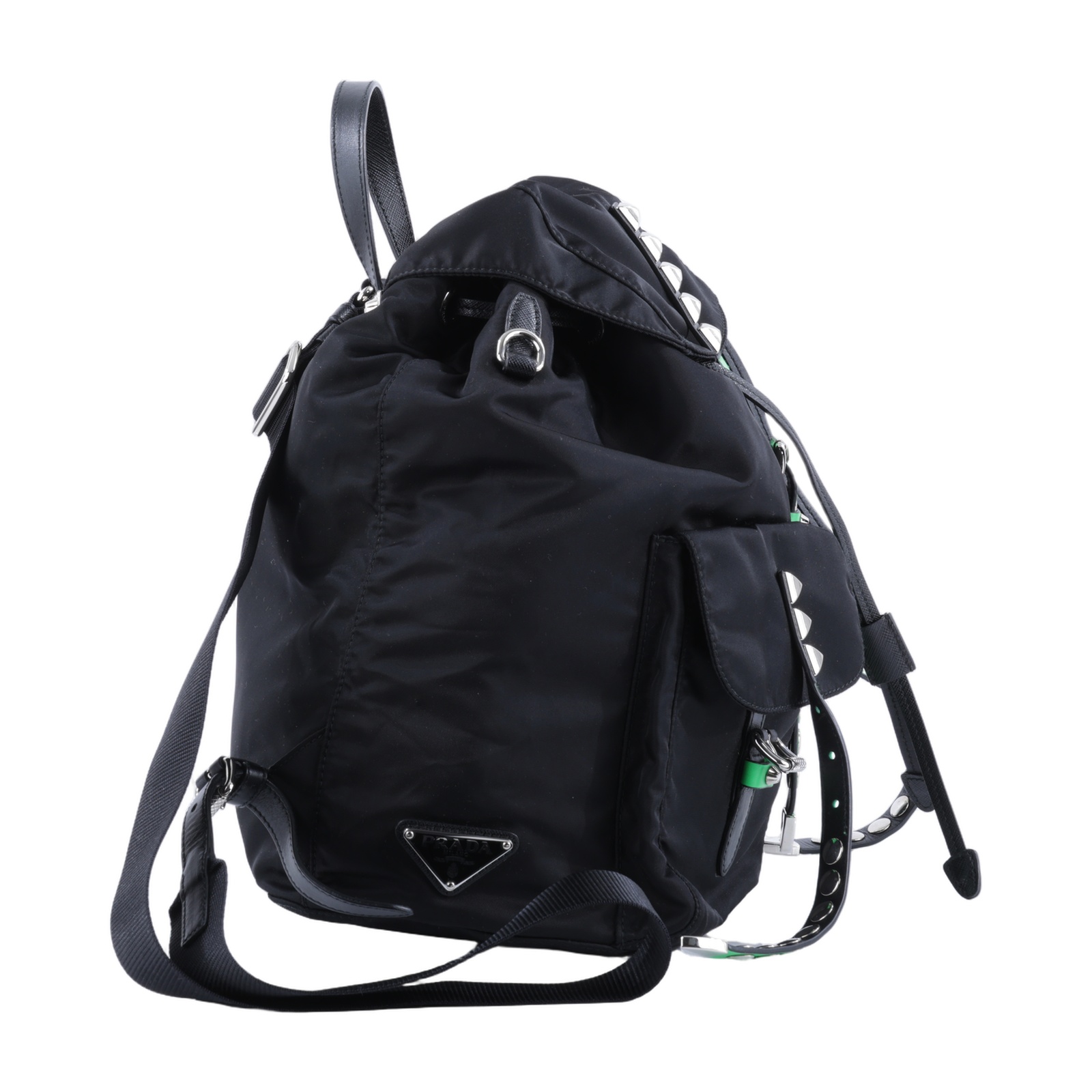 普拉達 PRADA New Vela 後背包 1BZ811_2BYB 黑綠尼龍鉚釘後背包 防塵袋