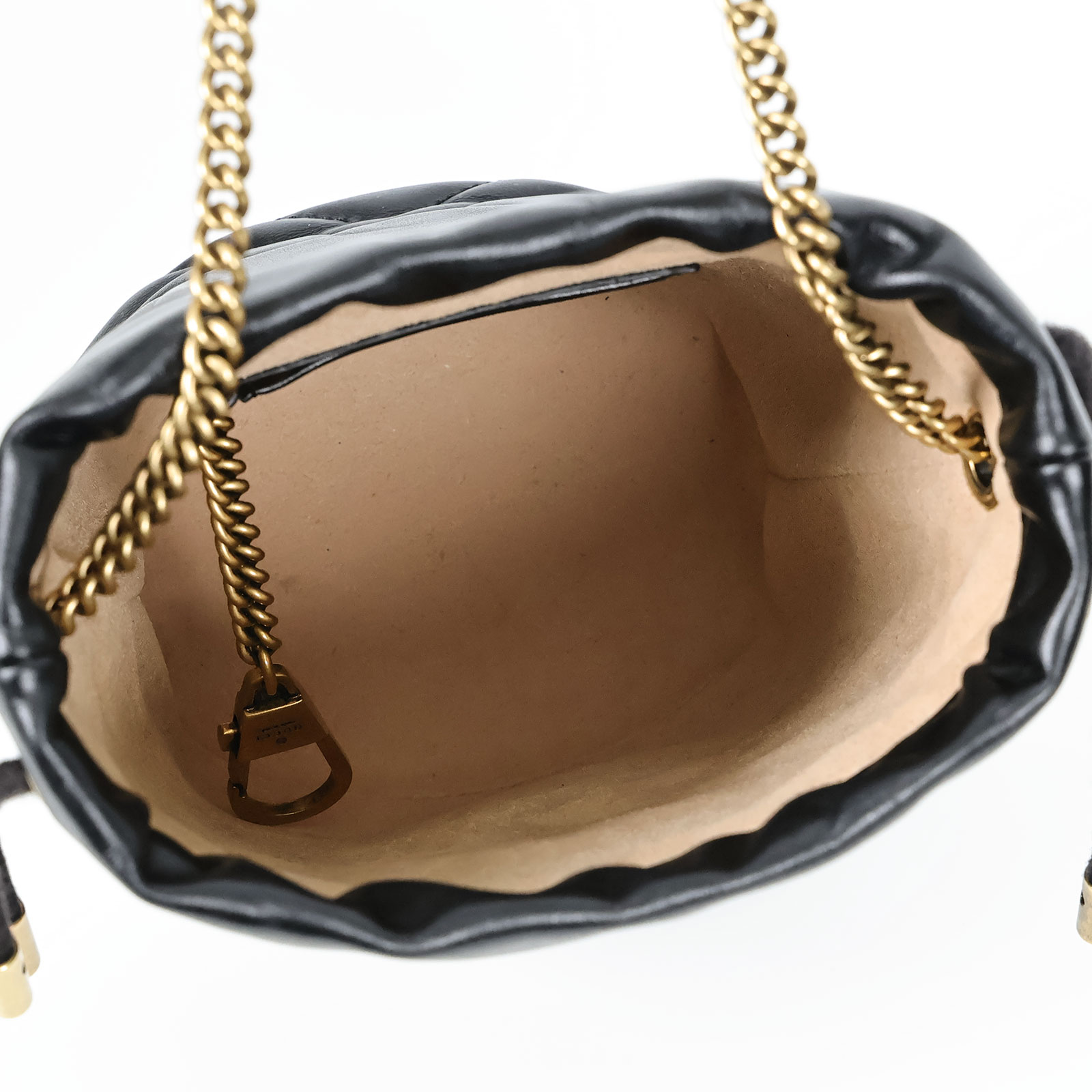 古馳 GUCCI Marmont 小牛皮 迷你 斜背 水筒包 575163 黑金GG Marmont迷你水桶袋 原廠盒子/防塵袋