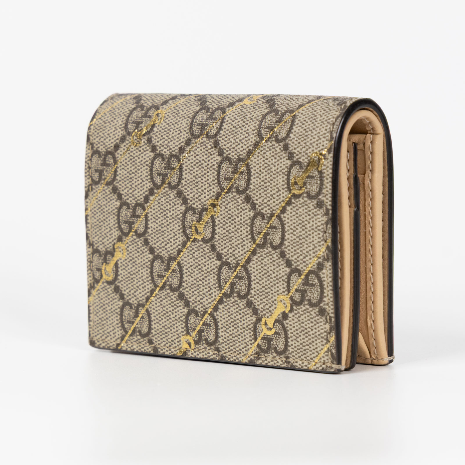 古馳 GUCCI GG Supreme  扣式 零錢 短夾 錢包 774332 燙金馬銜扣二折零錢卡包 原廠盒子/防塵袋/購買證明