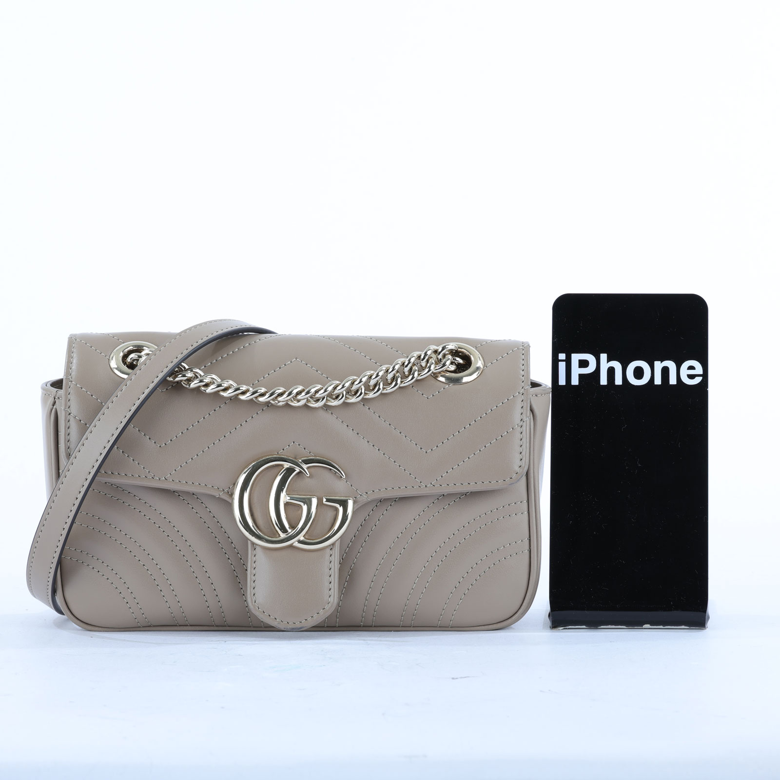 古馳 GUCCI GG Marmont 迷你肩揹袋 446744 灰褐色MARMONT鍊包 原廠盒子/防塵袋